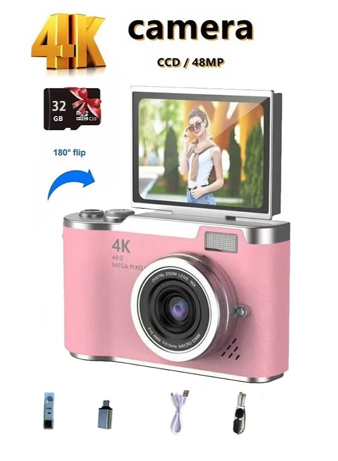 4k CCD Digital Zoom Student Digital Camera 48MP Portable Digital Photography Camera 180° Flip Screen Selfie Camera,free 128GB SD card