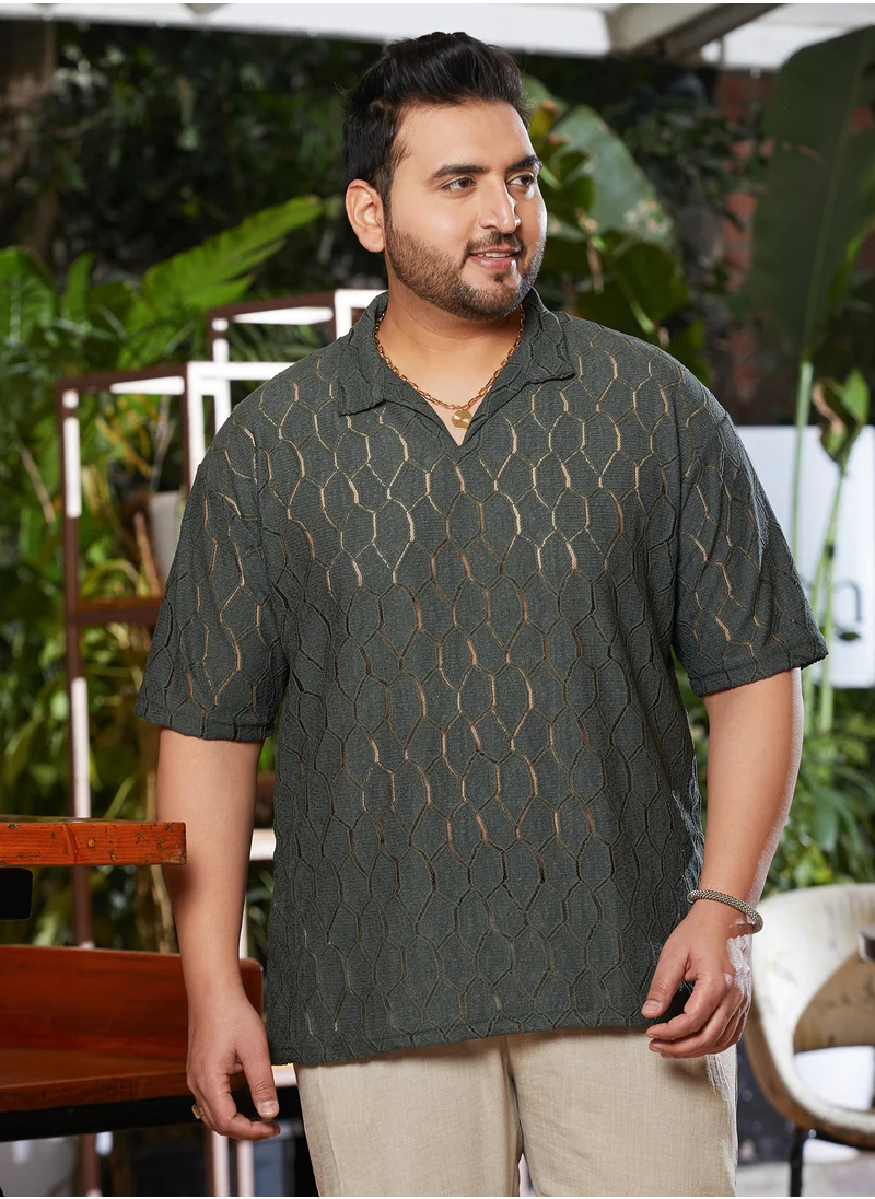 انستافاب بلس Instafab Plus Men's Juniper Green Honeycomb-Knit Polo T-Shirt For Casual Wear | Polo Neck | Short Regular Sleeves | Pull On Closure | Plus Size T-Shirt Crafted With Comfort Fit For Everyday Wear