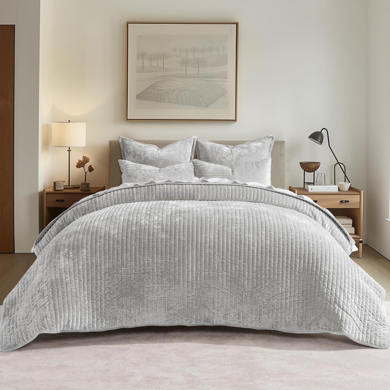 EVERGRACE Velvet Quilt Set Queen Size, Luxurious Soft Striped Channel Bedding Set, Lightweight Velvet Comforter for All Season, Oversized Bedspread Coverlet with 2 Matching Shams, Frost Gray - Image 1