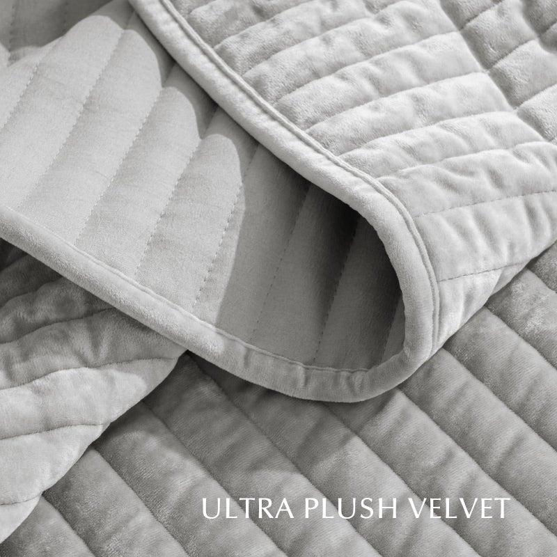 EVERGRACE Velvet Quilt Set Queen Size, Luxurious Soft Striped Channel Bedding Set, Lightweight Velvet Comforter for All Season, Oversized Bedspread Coverlet with 2 Matching Shams, Frost Gray - Image 5