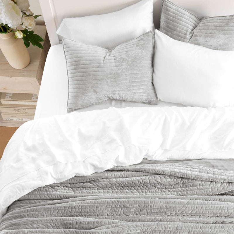 EVERGRACE Velvet Quilt Set Queen Size, Luxurious Soft Striped Channel Bedding Set, Lightweight Velvet Comforter for All Season, Oversized Bedspread Coverlet with 2 Matching Shams, Frost Gray - Image 3