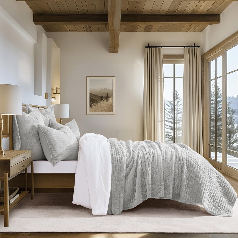 EVERGRACE Velvet Quilt Set Queen Size, Luxurious Soft Striped Channel Bedding Set, Lightweight Velvet Comforter for All Season, Oversized Bedspread Coverlet with 2 Matching Shams, Frost Gray - Image 2