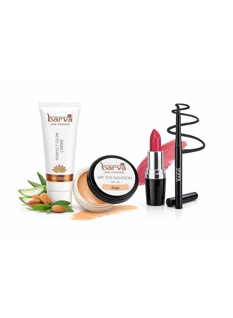 Barva Simple Makeover Kit – Ghee Enriched Makeup Combo | BB Cream 10ml, Kajal, Beige Foundation 9g & Lipstick (Pomegranate 208) 4.3g | Complete Makeup Kit for Women | Daily & Travel Use - Image 1