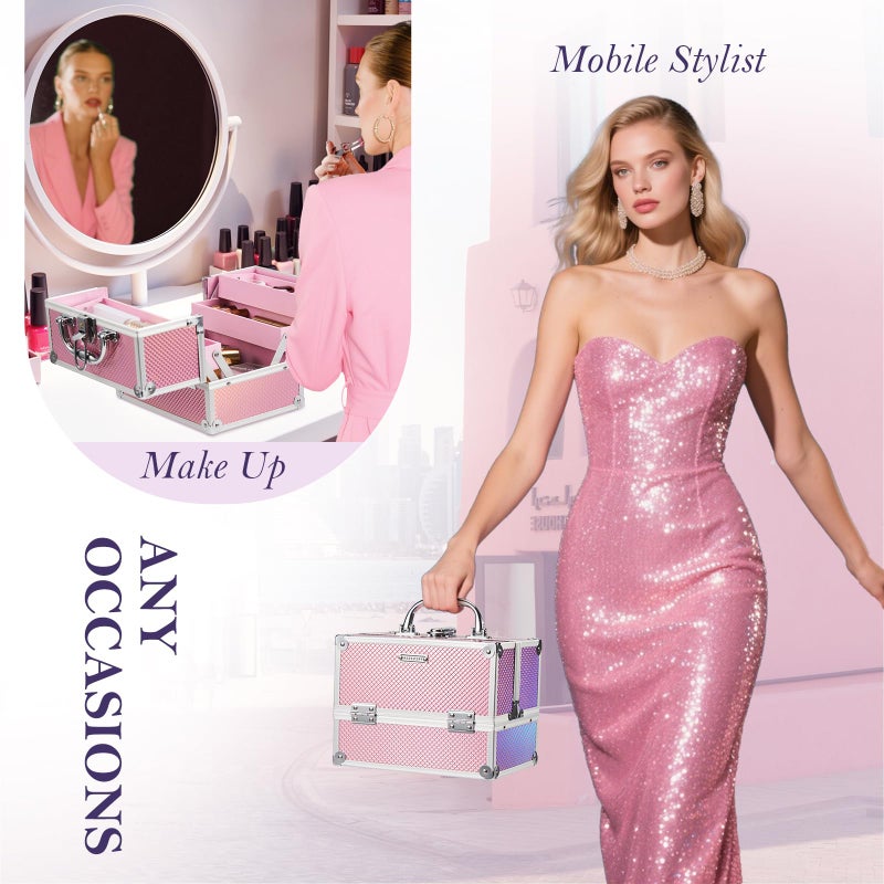 FRENESSA Makeup Train Case 8.85 Inch Portable Makeup Case Organizer Cosmetic Box Make Up Box Makeup Organizer Cosmetic Storage Cases with Locking Nail Kit Organizer Small Travel Case Mermaid Pink - Image 3