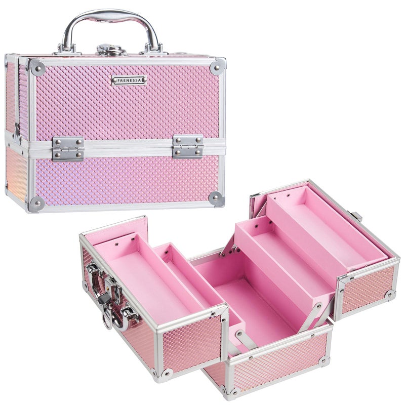 FRENESSA Makeup Train Case 8.85 Inch Portable Makeup Case Organizer Cosmetic Box Make Up Box Makeup Organizer Cosmetic Storage Cases with Locking Nail Kit Organizer Small Travel Case Mermaid Pink - Image 1