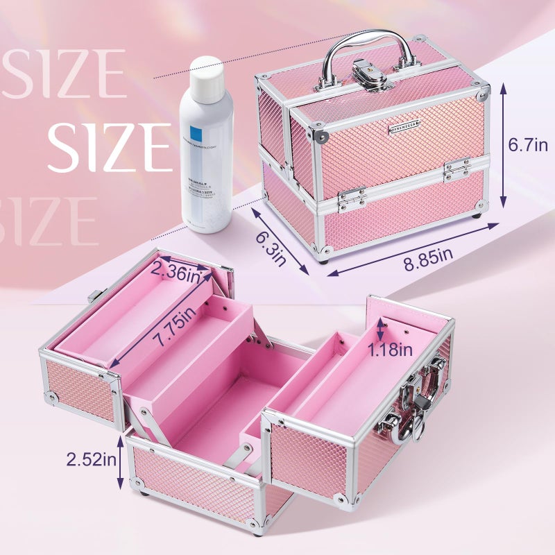 FRENESSA Makeup Train Case 8.85 Inch Portable Makeup Case Organizer Cosmetic Box Make Up Box Makeup Organizer Cosmetic Storage Cases with Locking Nail Kit Organizer Small Travel Case Mermaid Pink - Image 5