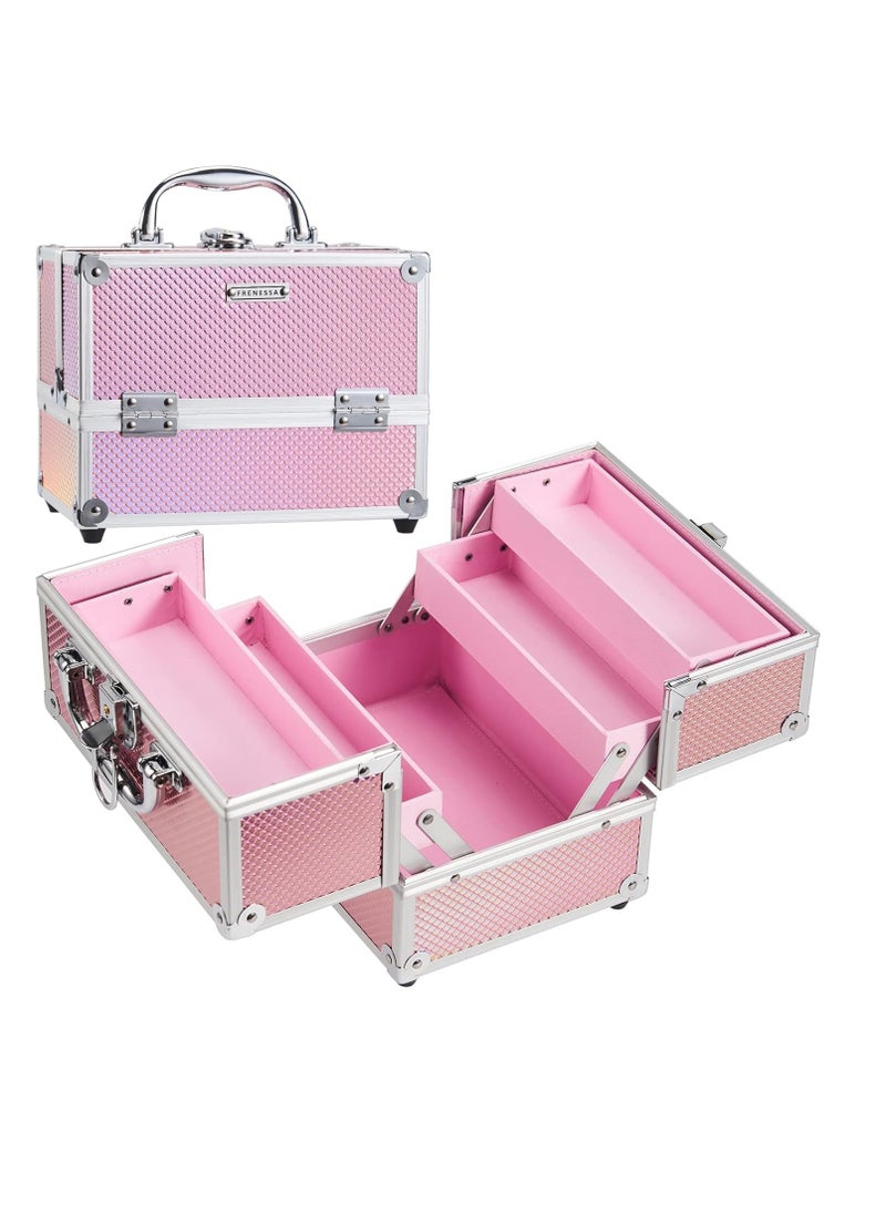 FRENESSA - Makeup Train Case Beauty Cosmetic Box 4 Tier Trays Jewelry Storage Organizer with Lockable Pink Lining Perfect for Women and Girls Mermaid Pink - Image 1