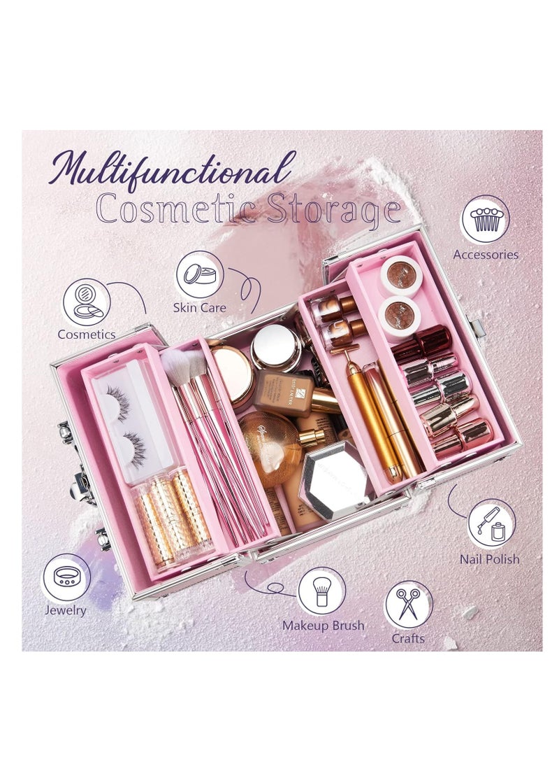 FRENESSA - Makeup Train Case Beauty Cosmetic Box 4 Tier Trays Jewelry Storage Organizer with Lockable Pink Lining Perfect for Women and Girls Mermaid Pink - Image 1