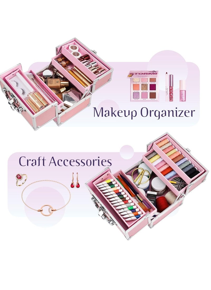 FRENESSA - Makeup Train Case Beauty Cosmetic Box 4 Tier Trays Jewelry Storage Organizer with Lockable Pink Lining Perfect for Women and Girls Mermaid Pink - Image 1