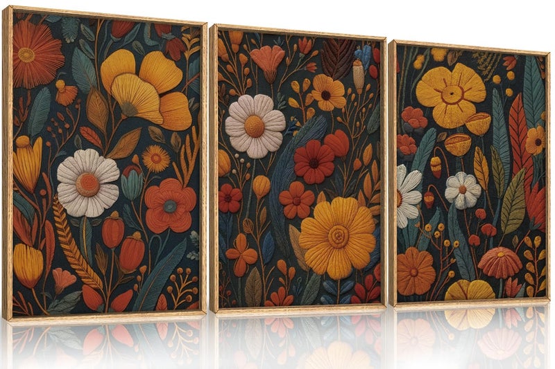 Ausril Vintage Orange Flower Framed Canvas Wall Art, Boho Abstract Floral Prints, Mid Century Botanical Flower Decor, Retro Neutral Plant Art Painting for Bedroom Living Room Office 16"x24"x3 - Image 1