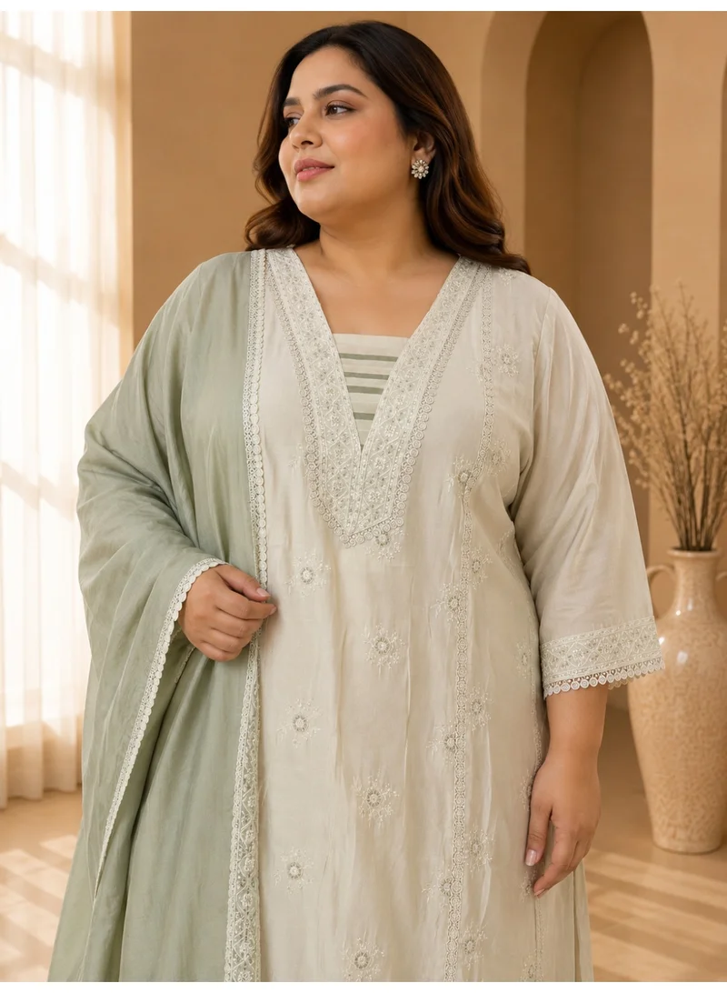 Lehar Ivory Embroidered Straight Kurta with Pants and Green Dupatta Set