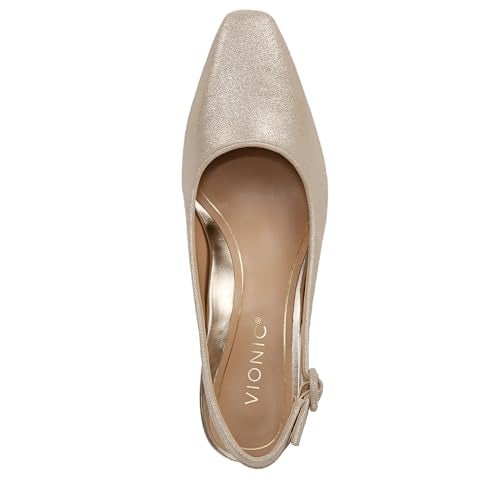 Vionic Women's Sirah Perris Comfortable Kitten Heels- Supportive Backstrap Square Toe Comfort Shoes Gold Metallic Leather 6.5 Medium - Image 4