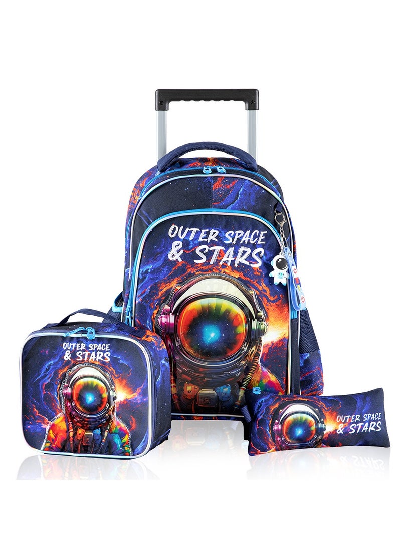 Eazy Kids Set of 3 Bags 16 Inch Trolley School Bag With Lunch Bag And Pencil Case Outer Space - Blue  - Image 1