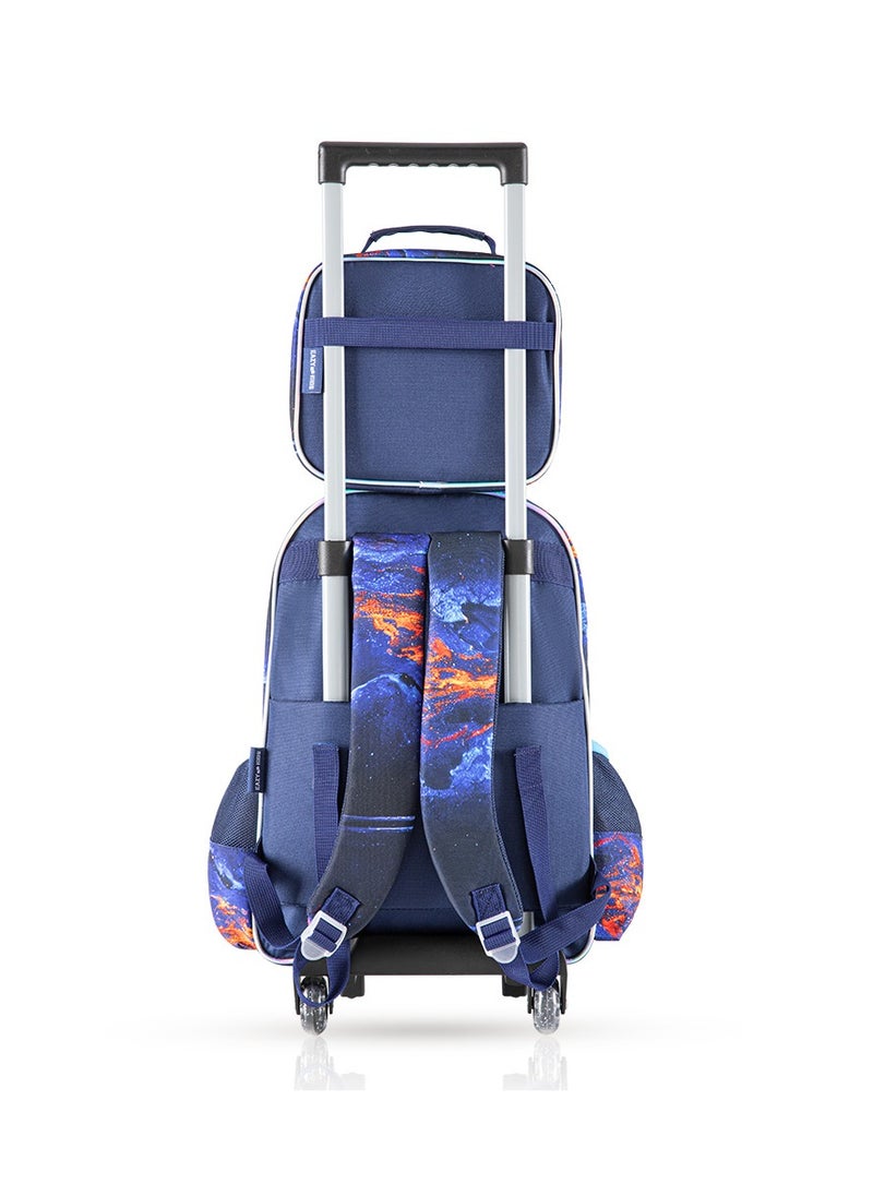 Eazy Kids - Set of 3 Bags 16 Inch Trolley School Bag With Lunch Bag And Pencil Case Outer Space - Blue - Image 1