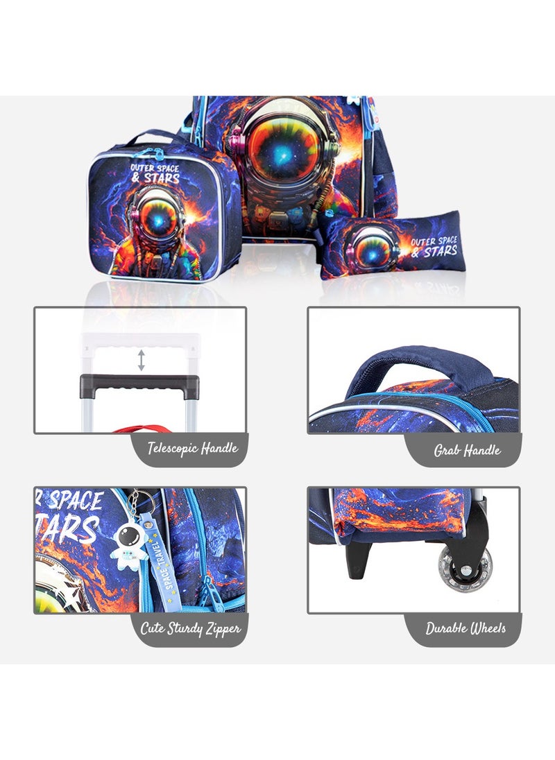 Eazy Kids - Set of 3 Bags 16 Inch Trolley School Bag With Lunch Bag And Pencil Case Outer Space - Blue - Image 1