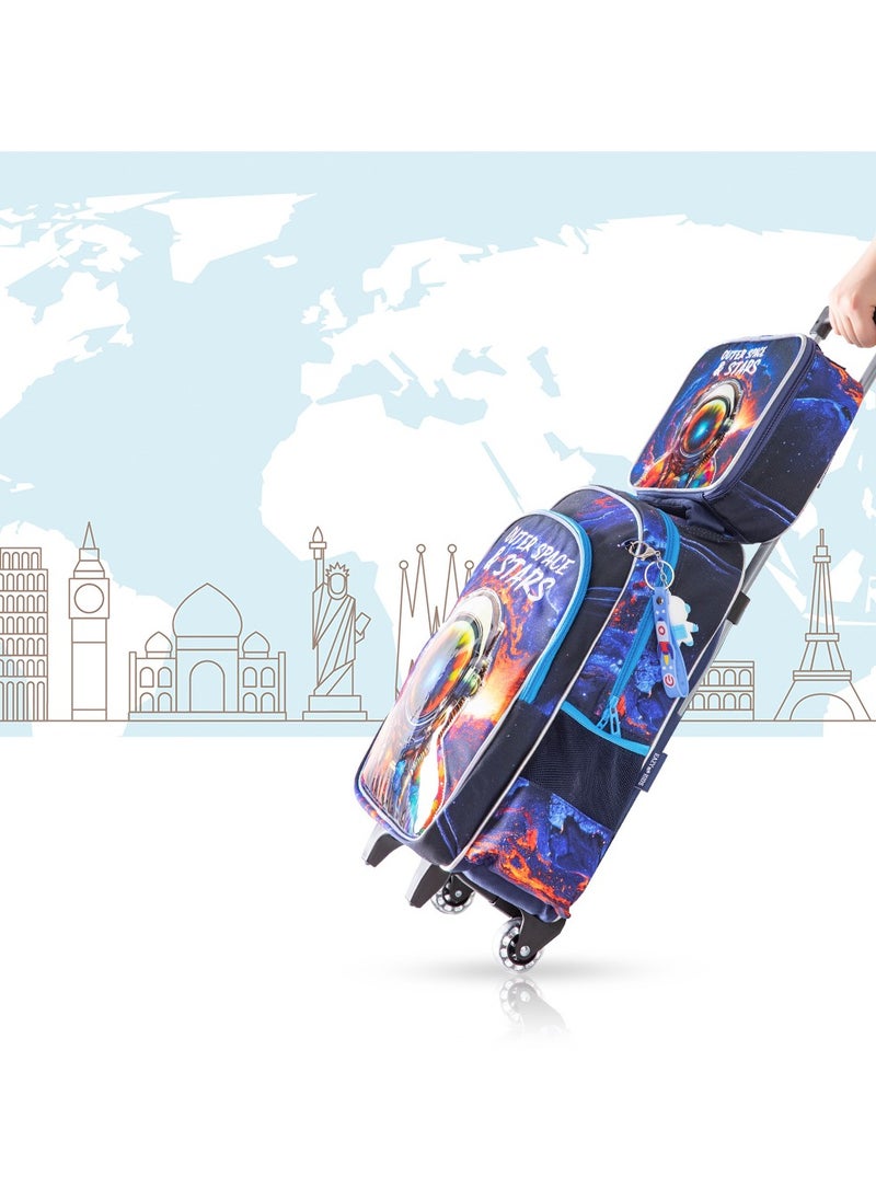 Eazy Kids - Set of 3 Bags 16 Inch Trolley School Bag With Lunch Bag And Pencil Case Outer Space - Blue - Image 1