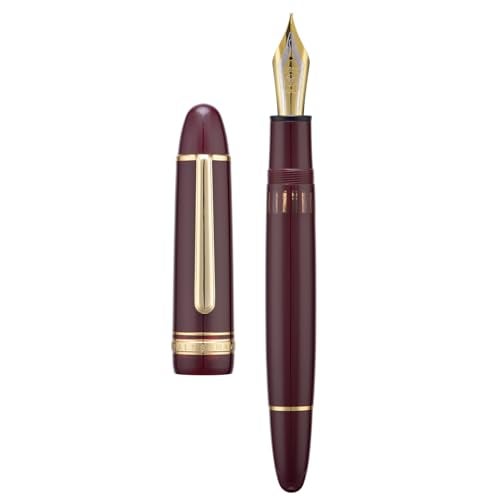 Wikult Yongsheng Junlai 930 Acrylic Fountain Pen Size 9 Broad Nib with Piston Filling System Wine Red Fence Ink Tank with Torpedo Shape Design Large Hand Pen Gold Trim - Image 1