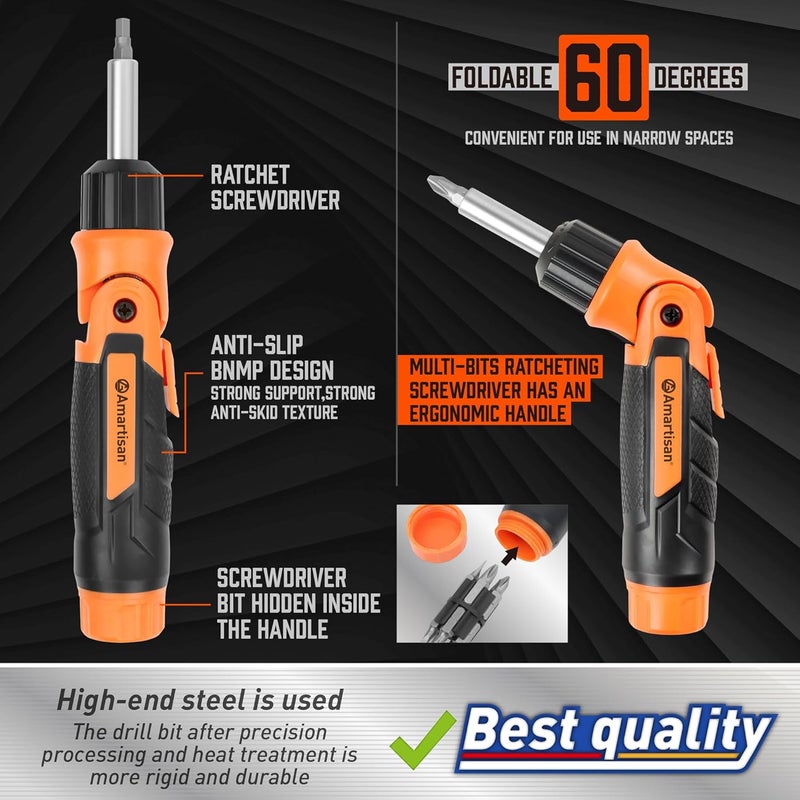 Amartisan 12-in-1 Multi Bit Screwdriver, Ratchet Screwdriver, 60-Degree Adjust Precision Screw Driver, Slotted/Philips/Torx/Square/Hex - Image 3