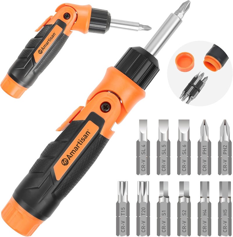 Amartisan 12-in-1 Multi Bit Screwdriver, Ratchet Screwdriver, 60-Degree Adjust Precision Screw Driver, Slotted/Philips/Torx/Square/Hex - Image 1