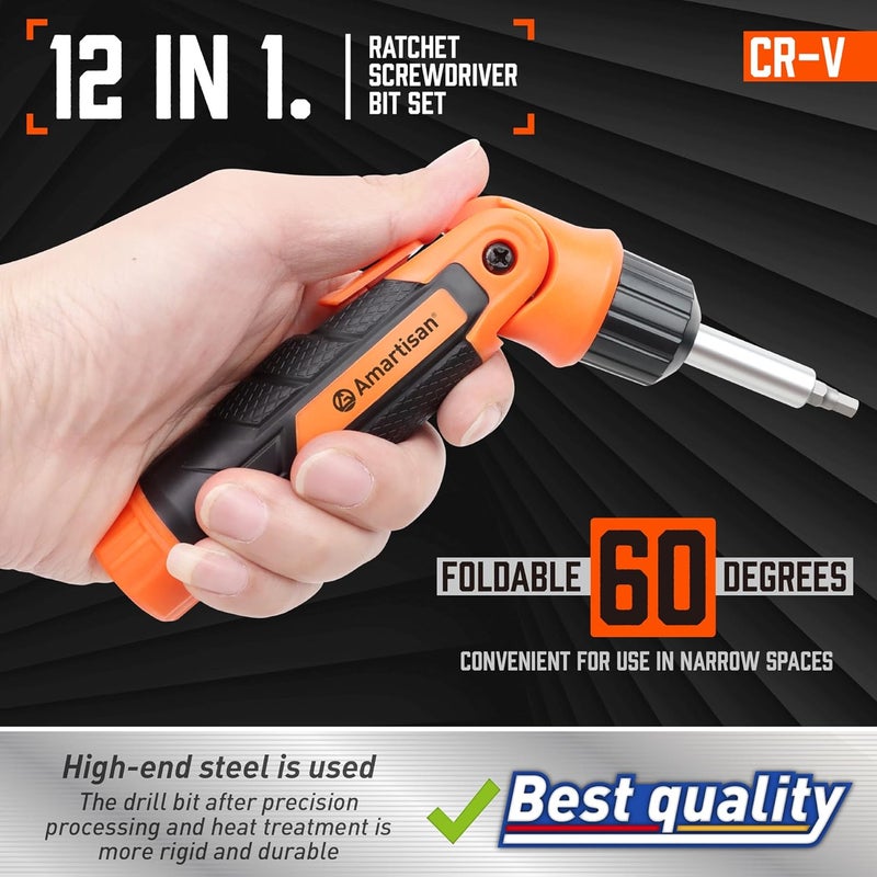Amartisan 12-in-1 Multi Bit Screwdriver, Ratchet Screwdriver, 60-Degree Adjust Precision Screw Driver, Slotted/Philips/Torx/Square/Hex - Image 2
