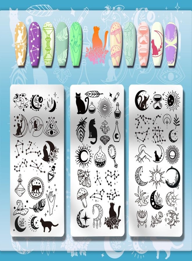 PH PandaHall 3pcs Moon Stars Pattern Nail Stamp Plate Cute Cat Shape Print Art Template Stainless Steel Nail Image Plate Sun Pattern Nails Art Stencils for Women DIY Printing 4.7x2.3 inch - Image 3