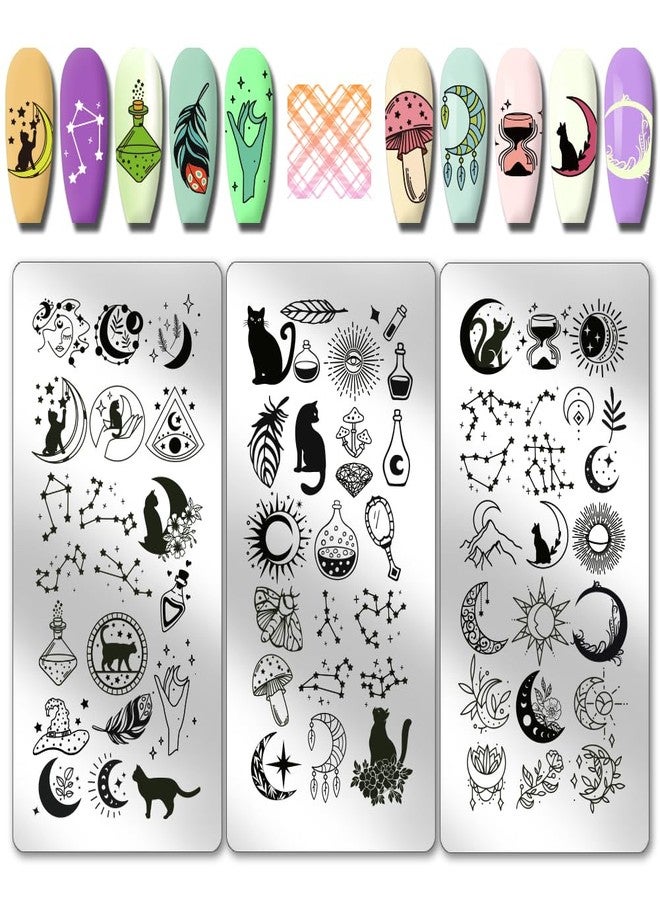 PH PandaHall 3pcs Moon Stars Pattern Nail Stamp Plate Cute Cat Shape Print Art Template Stainless Steel Nail Image Plate Sun Pattern Nails Art Stencils for Women DIY Printing 4.7x2.3 inch - Image 1