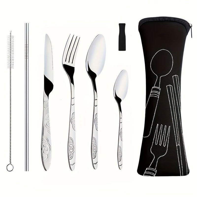 7 Piece Set Stainless Steel Tableware Knives Forks Spoons Straws With Cleaning Brush Mouthpiece Cover Carrying Bag Lightweight Durable Rust Resistant Dark Blue For Camping Travel - Image 1