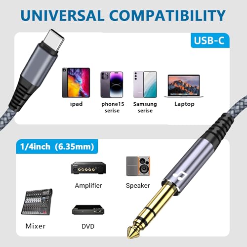 QIMIAOUS USB C to 1/4" TRS Audio Stereo Cable, 4FT Type C to 6.35mm 1/4 Male Aux Audio Cord Compatible with iPad Pro/iPhone16/15, Pixel 5XL, Samsung Galaxy S22 for Amplifier, Mixer, Home Theater, Speaker ect - Image 2