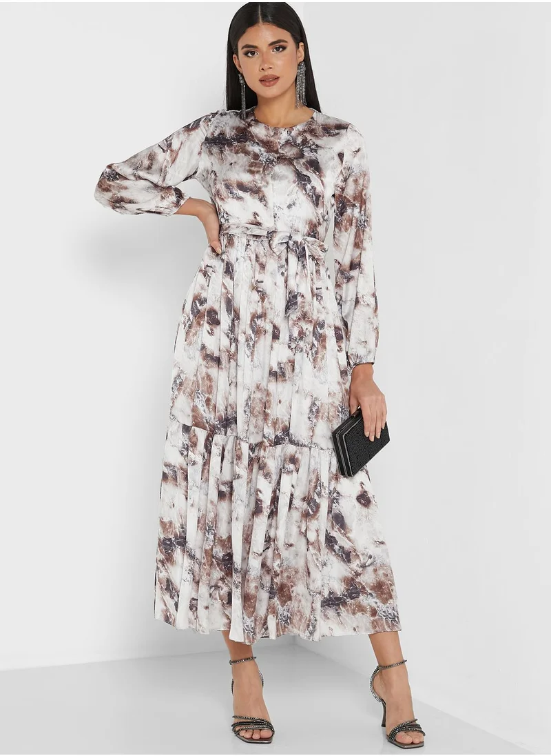 ANOTAH Belt Detail Printed Tiered Dress