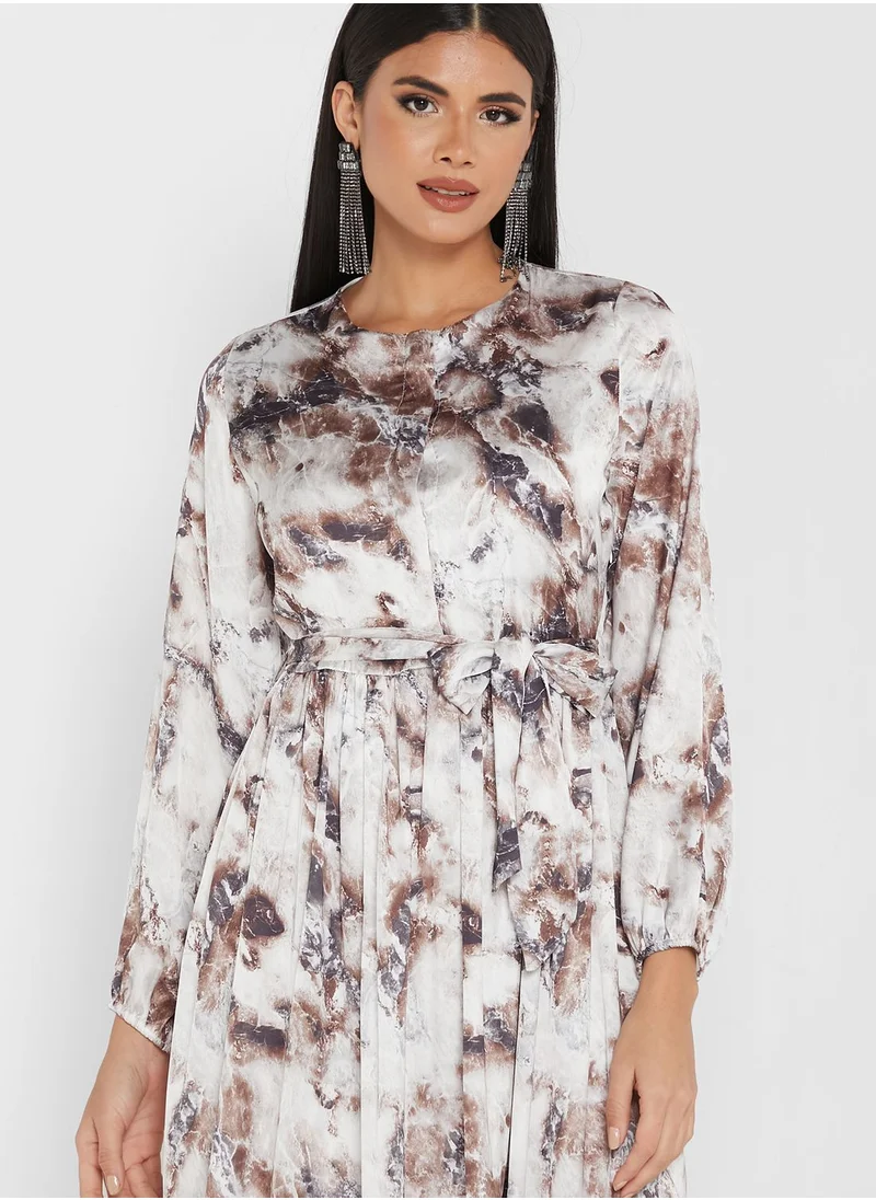 ANOTAH Belt Detail Printed Tiered Dress