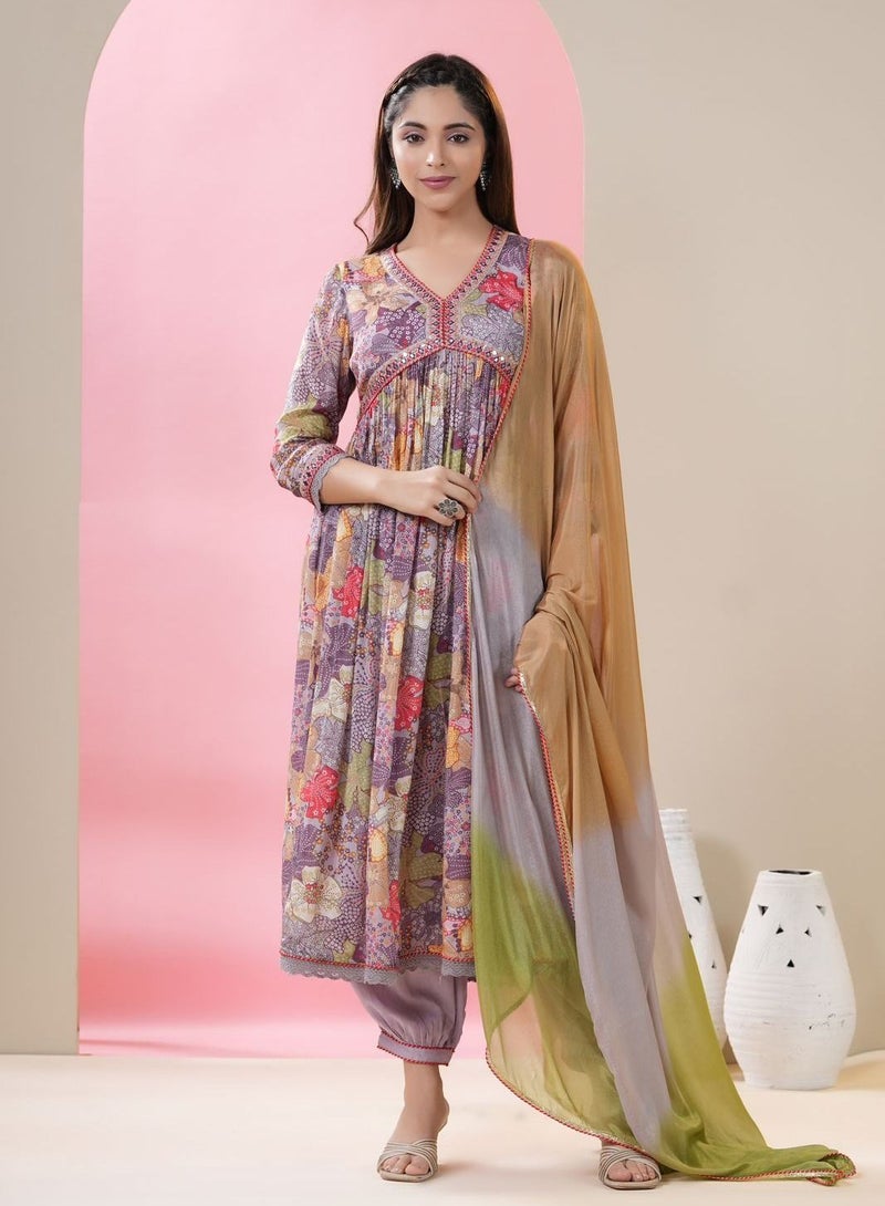 PRIYA’S PANACHE PRIYA'S PANACHE Chinon Fabric Alia Cut Floral Print Flared Kurta Pant Dupatta Set - Designer Traditional Ethnic Partywear for Women  - Image 1