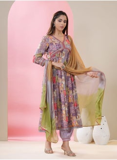 PRIYA’S PANACHE PRIYA'S PANACHE Chinon Fabric Alia Cut Floral Print Flared Kurta Pant Dupatta Set - Designer Traditional Ethnic Partywear for Women  - Image 2