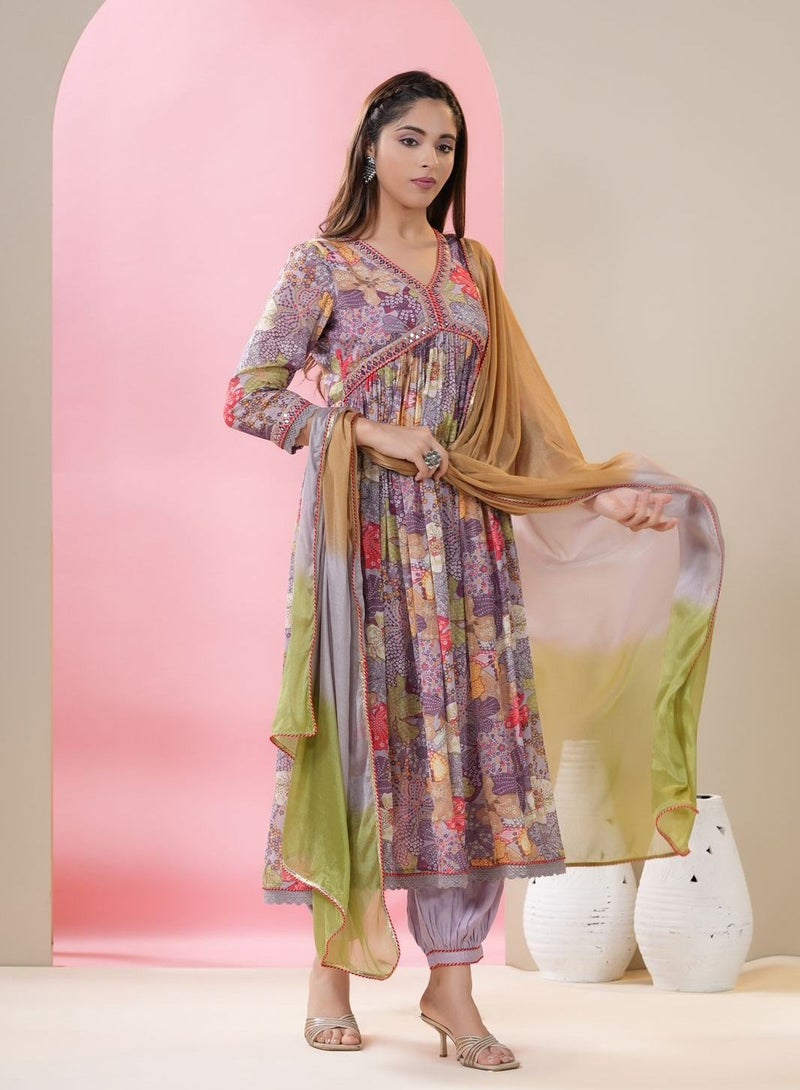 PRIYA’S PANACHE PRIYA'S PANACHE Chinon Fabric Alia Cut Floral Print Flared Kurta Pant Dupatta Set - Designer Traditional Ethnic Partywear for Women  - Image 2