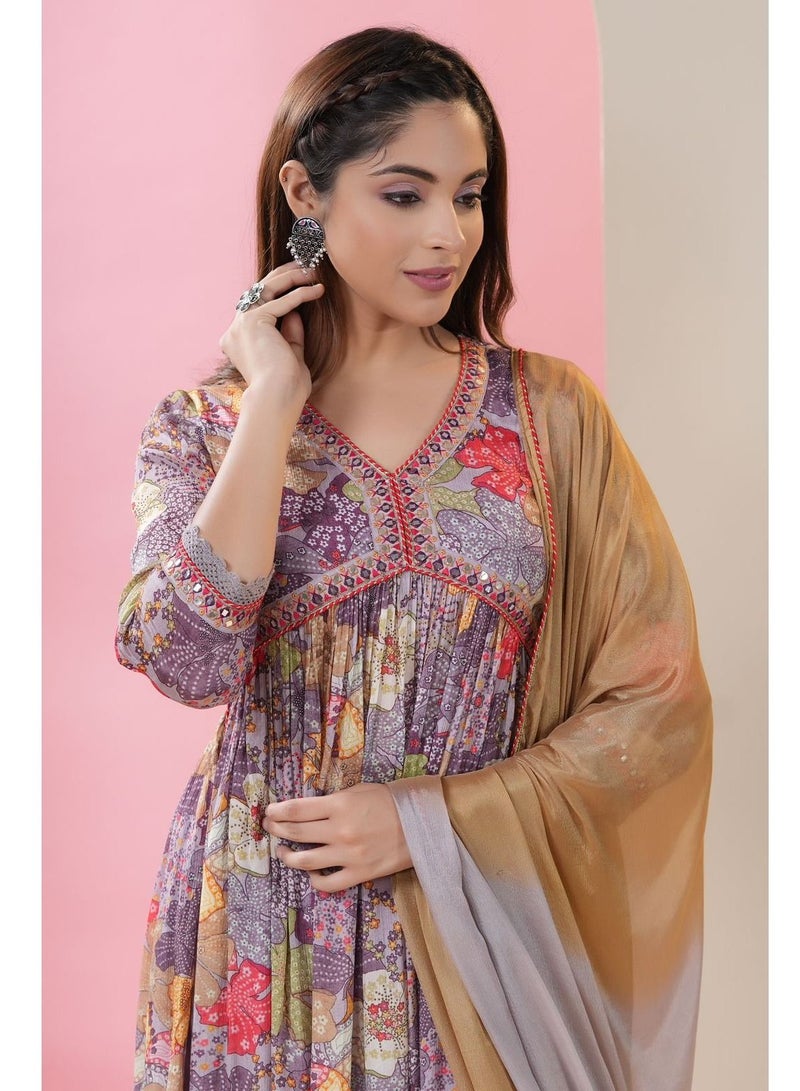 PRIYA’S PANACHE PRIYA'S PANACHE Chinon Fabric Alia Cut Floral Print Flared Kurta Pant Dupatta Set - Designer Traditional Ethnic Partywear for Women  - Image 3