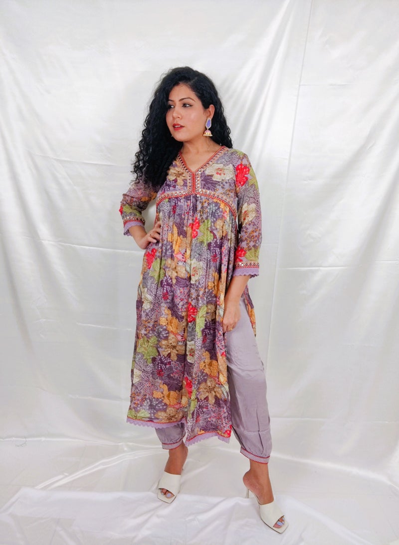 PRIYA’S PANACHE PRIYA'S PANACHE Chinon Fabric Alia Cut Floral Print Flared Kurta Pant Dupatta Set - Designer Traditional Ethnic Partywear for Women  - Image 4