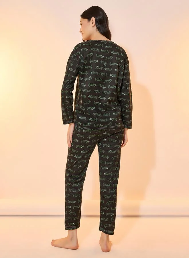 Take Two All Over Crocodile Print Long Sleeve T-Shirt & Pyjama Set