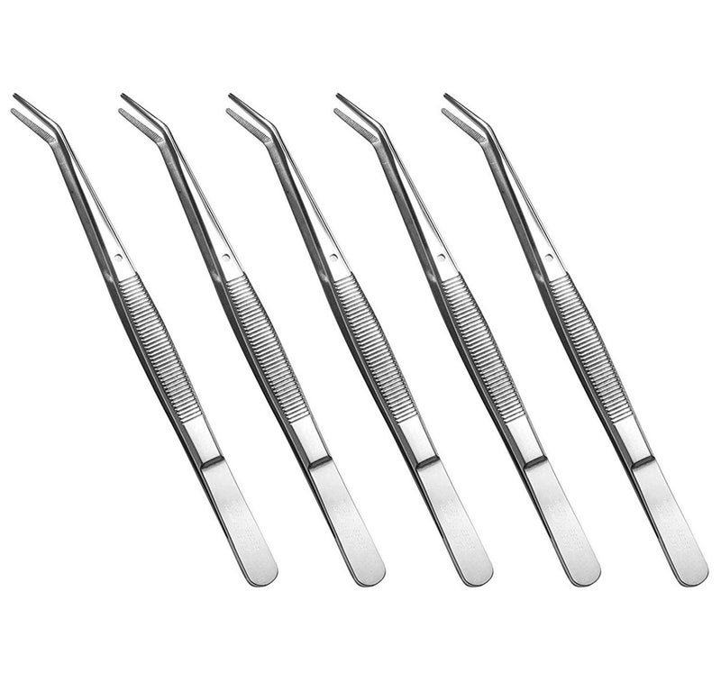 Stainless Steel Tweezers with Curved Serrated Tip Multipurpose Sewing Machine Tweezers Forceps for Craft Repairing 5PCS