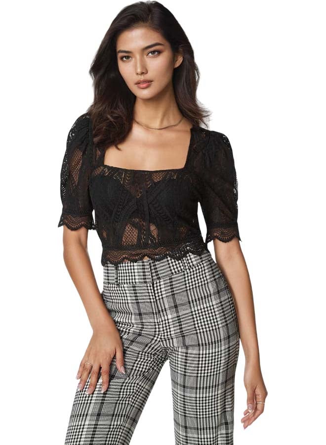 bebe Scallop Hem Lace Trapeze Neck Top  - Image 1