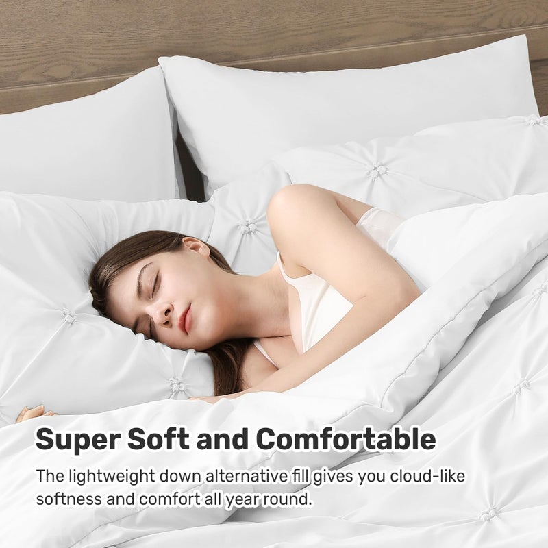 UNIKOME Queen Comforter Set White - Ultra Soft Boho Pintuck Down Alternative Bedding Set for All Seasons, 3 Pieces Lightweight Warm Pinch Pleat Bed Set with Comforter, 2 Pillowcases - Image 3