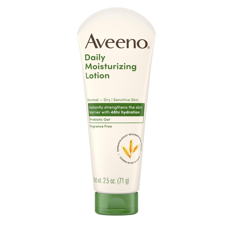 Aveeno Daily Moisturizing Body Lotion with Soothing Prebiotic Oat, Gentle Lotion Nourishes Dry Skin With Moisture, Paraben-, Dye- & Fragrance-Free, Non-Greasy & Non-Comedogenic, 2.5 fl. oz, 3 Pack - Image 2
