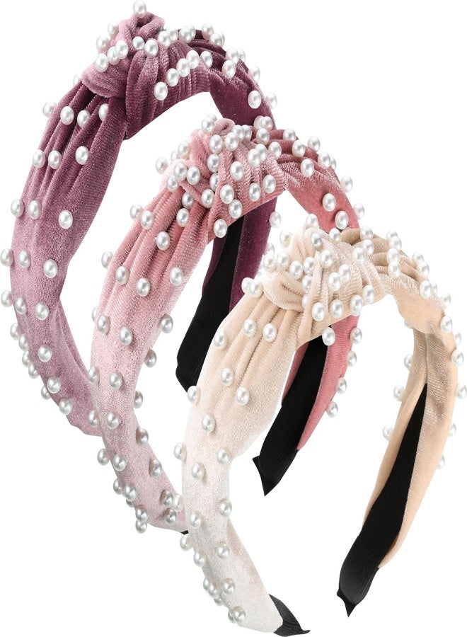 WILLBOND 3 Pieces Pearls Headband Knotted Headband for Women Retro Velvet Pearls Hair Ornament Set for Woman Hair Accessories Mother's Day Wedding Gifts(Beige, Pink, Pale Mauve) - Image 1