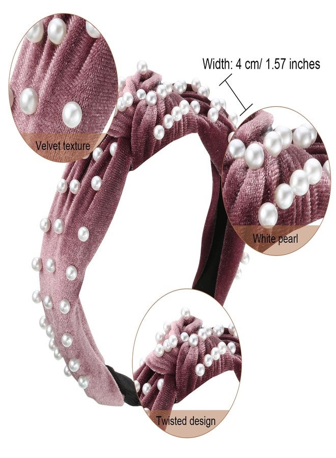 WILLBOND 3 Pieces Pearls Headband Knotted Headband for Women Retro Velvet Pearls Hair Ornament Set for Woman Hair Accessories Mother's Day Wedding Gifts(Beige, Pink, Pale Mauve) - Image 2