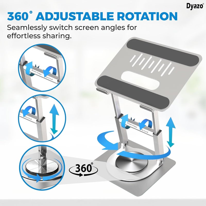 Dyazo 360° Rotating Laptop Stand Holder | Height Adjustable & Foldable Riser for 10-15.6 Inch Laptop | Anti Slip Pads with Heat Vent | Compatible for MacBook, Dell, HP, Lenovo & Other Notebook- Silver - Image 3