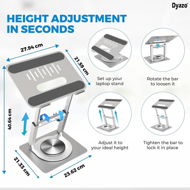 Dyazo 360° Rotating Laptop Stand Holder | Height Adjustable & Foldable Riser for 10-15.6 Inch Laptop | Anti Slip Pads with Heat Vent | Compatible for MacBook, Dell, HP, Lenovo & Other Notebook- Silver - Image 2