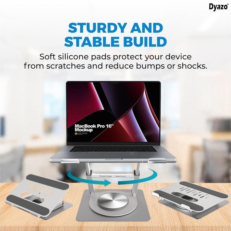 Dyazo 360° Rotating Laptop Stand Holder | Height Adjustable & Foldable Riser for 10-15.6 Inch Laptop | Anti Slip Pads with Heat Vent | Compatible for MacBook, Dell, HP, Lenovo & Other Notebook- Silver - Image 4