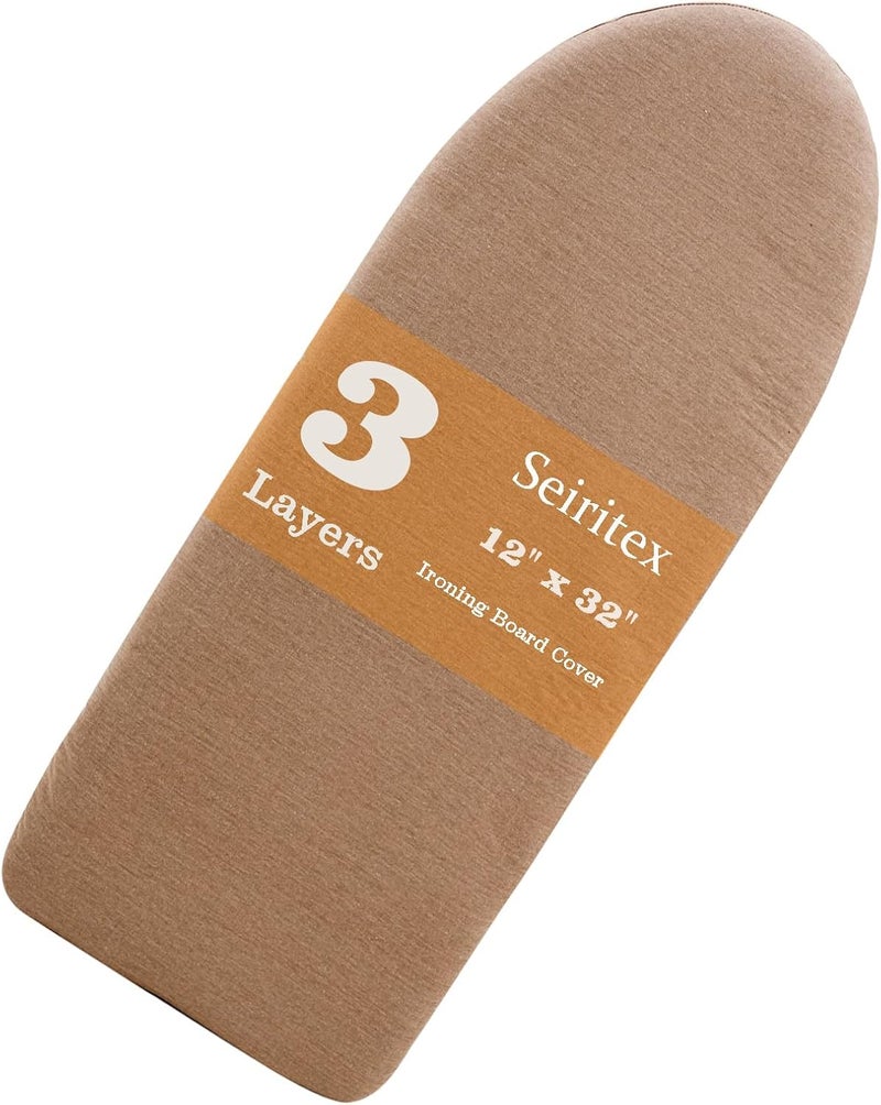Seiritex Ironing Board Cover 12 x 32 inch, Fits Table Top Ironing Board Heat Reflective, 3 Layers Thick Padding with Elasticized Edges, Small Iron Board Cover (Brown) - Image 1