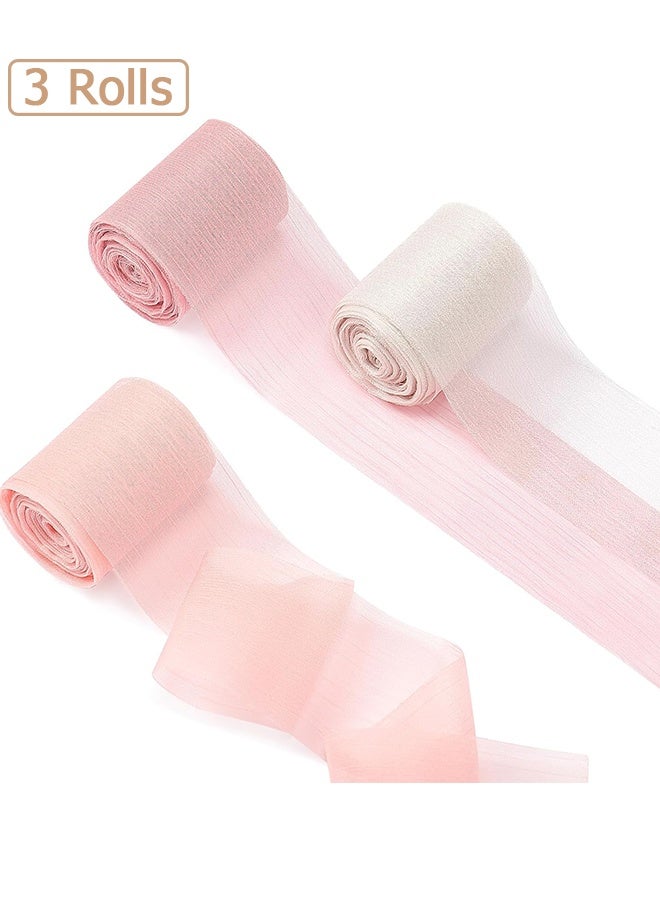 Wffo 3 Rolls Chiffon Crinkle Ribbon - Handmade Frayed Fringe Silk Ribbons for Gifts Wrapping Wedding Invitations Bridal Bouquets DIY Crafts Party Decorations(Pink Series,1.57" X 5.47 yd) - Image 1