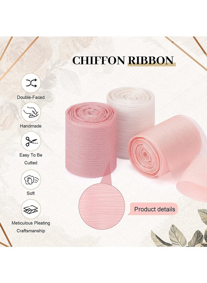 Wffo 3 Rolls Chiffon Crinkle Ribbon - Handmade Frayed Fringe Silk Ribbons for Gifts Wrapping Wedding Invitations Bridal Bouquets DIY Crafts Party Decorations(Pink Series,1.57" X 5.47 yd) - Image 2