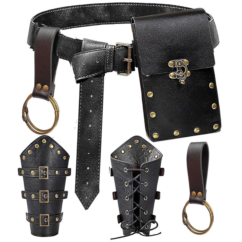 KOTORA Renaissance Costume Belt Pouch Bracers Vial Potion Bottle Leather Keyring Hook LARP Cosplay Retro Ren Faire Festival Dress ClassicBlack - Image 2