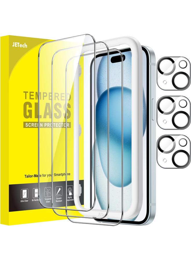 جي تيك واقي شاشة لهاتف آيفون 15 بلس مقاس 6.7 بوصة مع واقي عدسة الكاميرا بدون فقاعات وأداة تثبيت سهلة وفيلم زجاجي مقوى شفاف عالي الدقة عبوة من 3 قطع لكل منها - Image 1